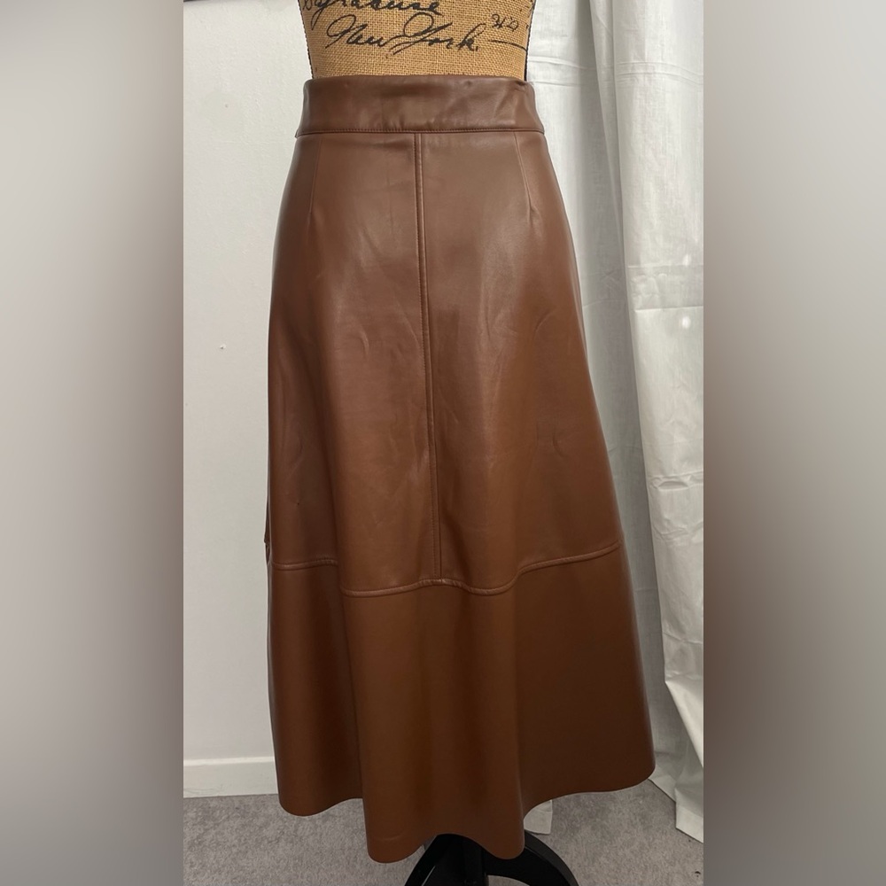 Nicole Miller Vegan Leather A-Line Midi Skirt Chocolate Brown Size S - Picture 2 of 6